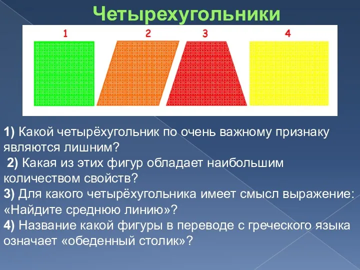 Четырехугольники 1) Какой четырёхугольник по очень важному признаку являются лишним? 2) Какая из