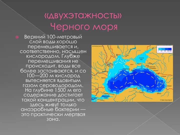 «двухэтажность» Черного моря Верхний 100-метровый слой воды хорошо перемешивается и,