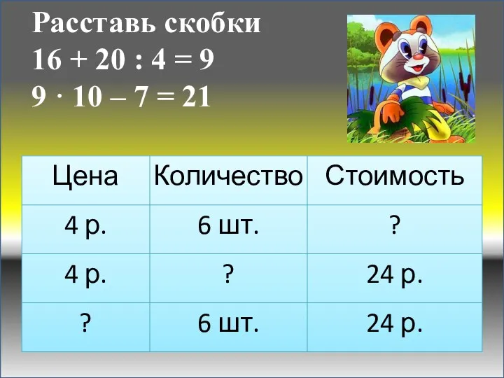 Расставь скобки 16 + 20 : 4 = 9 9 · 10 – 7 = 21