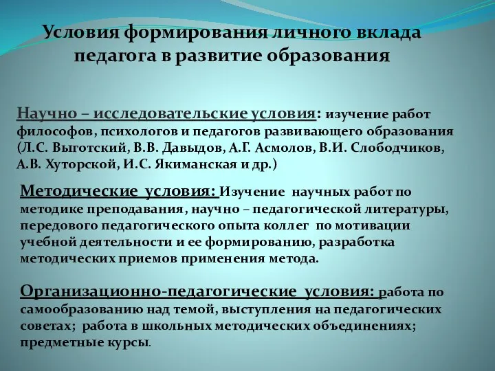 Условия формирования личного вклада педагога в развитие образования Научно – исследовательские условия: изучение