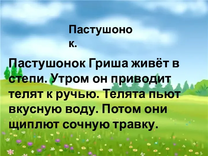 Пастушонок Гриша живёт в степи. Утром он приводит телят к