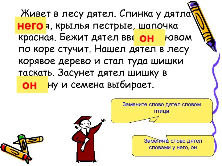 Живет в лесу дятел. Спинка у дятла черная, крылья пестрые,