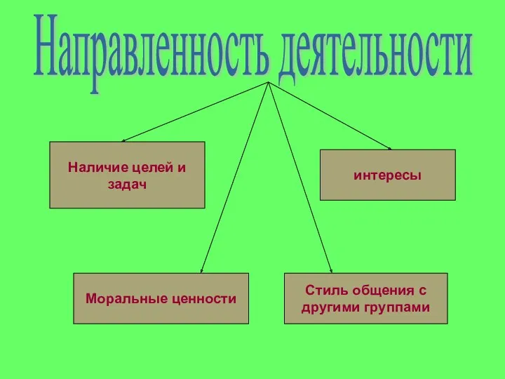 Направленность деятельности Наличие целей и задач интересы Моральные ценности Стиль общения с другими группами