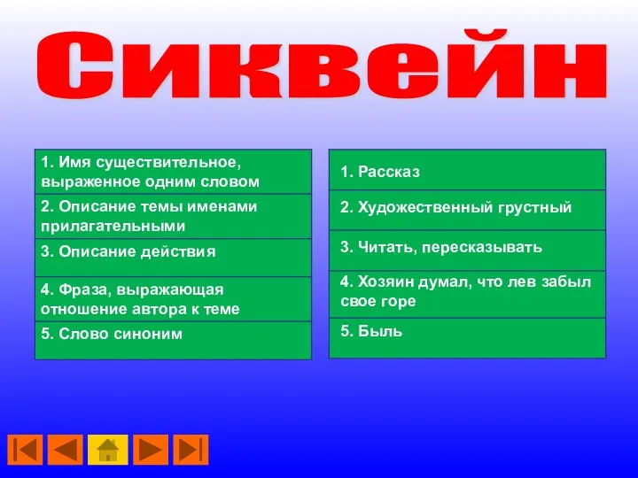 Сиквейн 1. Рассказ 2. Художественный грустный 3. Читать, пересказывать 4.