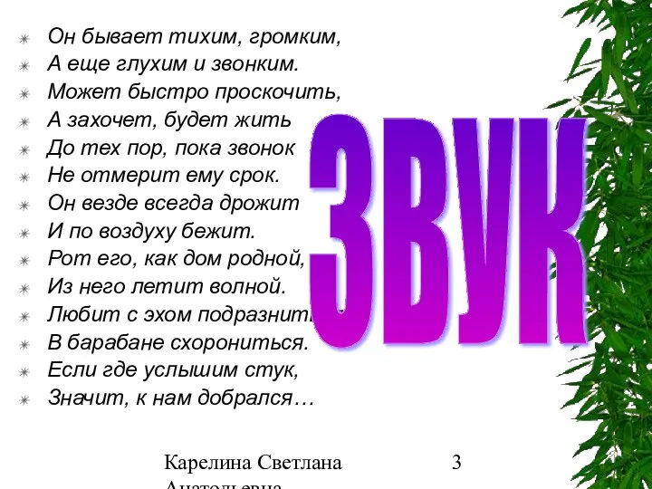 Карелина Светлана Анатольевна Он бывает тихим, громким, А еще глухим и звонким. Может