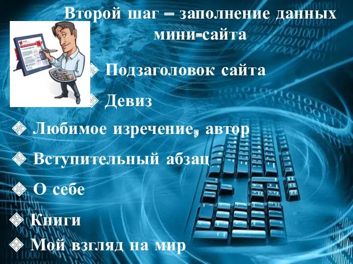 Второй шаг – заполнение данных мини-сайта Подзаголовок сайта Девиз Любимое