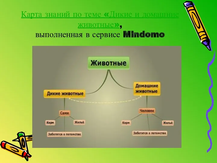 Карта знаний по теме «Дикие и домашние животные», выполненная в сервисе Mindomo