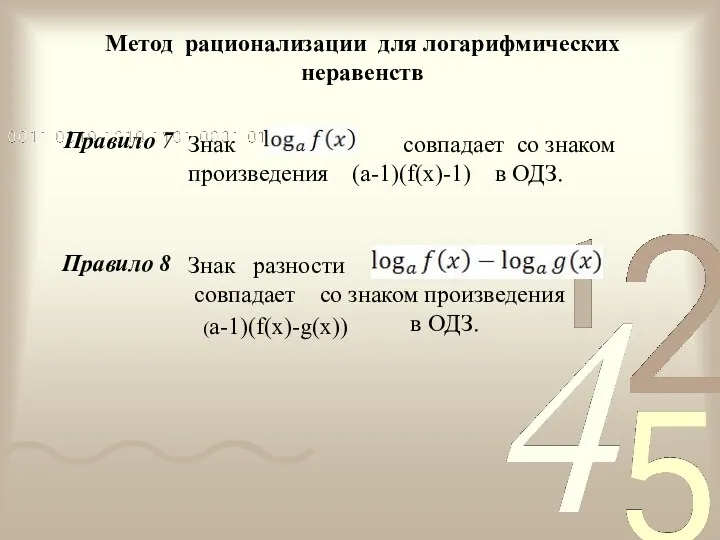 Метод рационализации для логарифмических неравенств Знак разности совпадает со знаком произведения в ОДЗ.