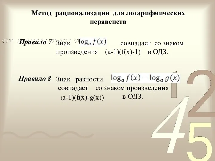 Метод рационализации для логарифмических неравенств Знак разности совпадает со знаком