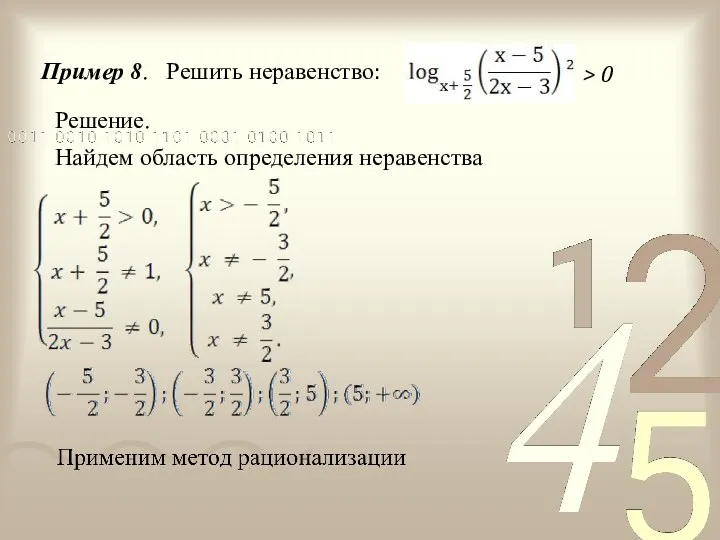 Пример 8. Решить неравенство: > 0 Решение. Найдем область определения неравенства