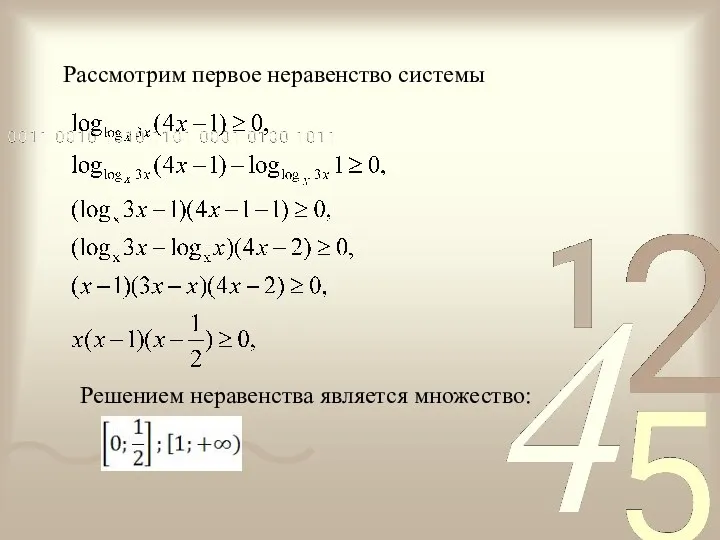 Рассмотрим первое неравенство системы Решением неравенства является множество: