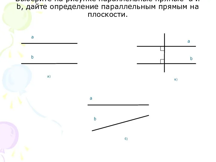 Выберите на рисунке параллельные прямые a и b, дайте определение параллельным прямым на плоскости.