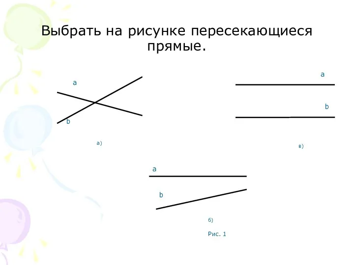 Выбрать на рисунке пересекающиеся прямые.