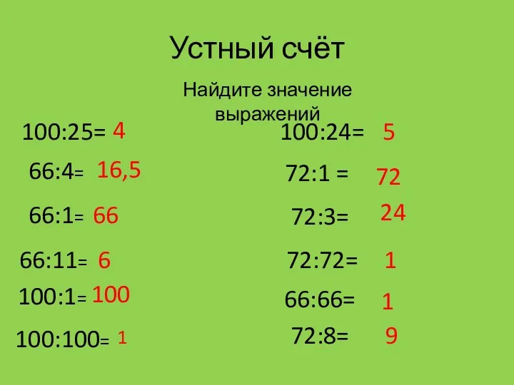 Устный счёт Найдите значение выражений 100:25= 4 66:4= 16,5 66:1=