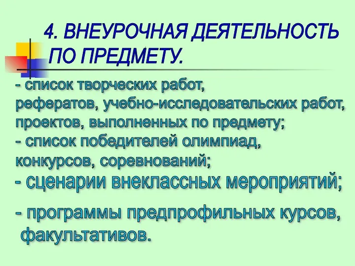 4. ВНЕУРОЧНАЯ ДЕЯТЕЛЬНОСТЬ ПО ПРЕДМЕТУ. - список творческих работ, рефератов,