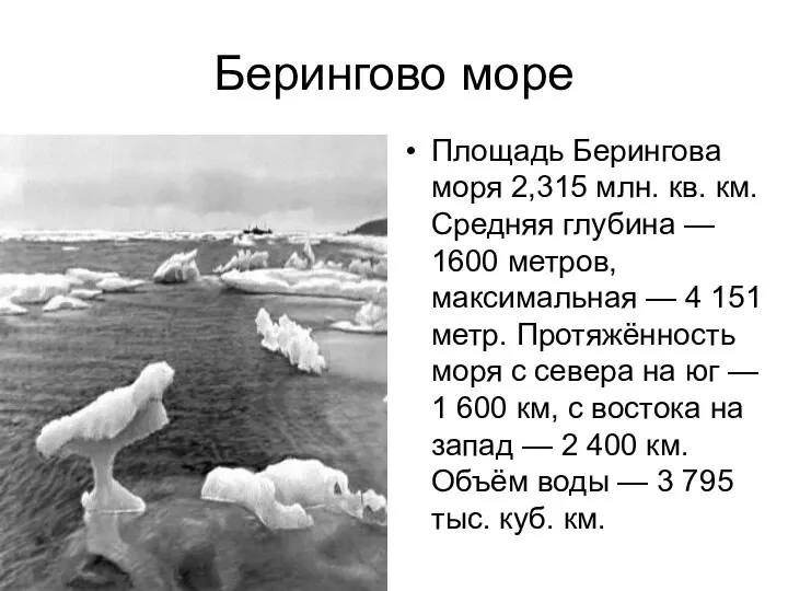 Берингово море Площадь Берингова моря 2,315 млн. кв. км. Средняя