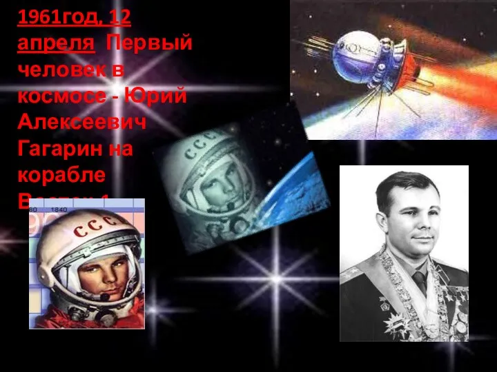 1961год, 12 апреля Первый человек в космосе - Юрий Алексеевич Гагарин на корабле Восток-1.