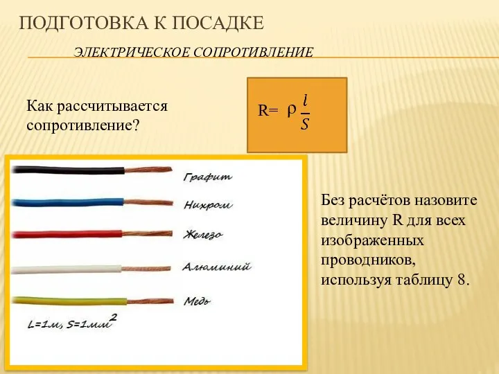 Подготовка к посадке ЭЛЕКТРИЧЕСКОЕ СОПРОТИВЛЕНИЕ Как рассчитывается сопротивление? Без расчётов