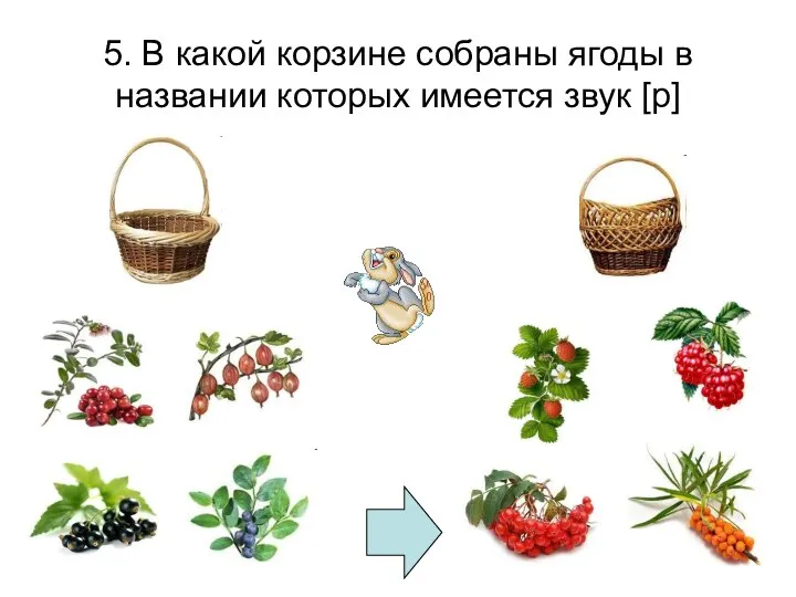 5. В какой корзине собраны ягоды в названии которых имеется звук [р]