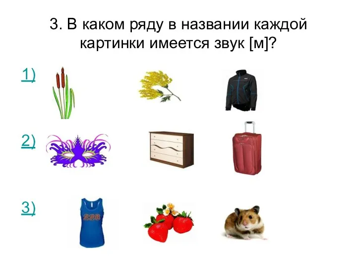 3. В каком ряду в названии каждой картинки имеется звук [м]? 1) 2) 3)