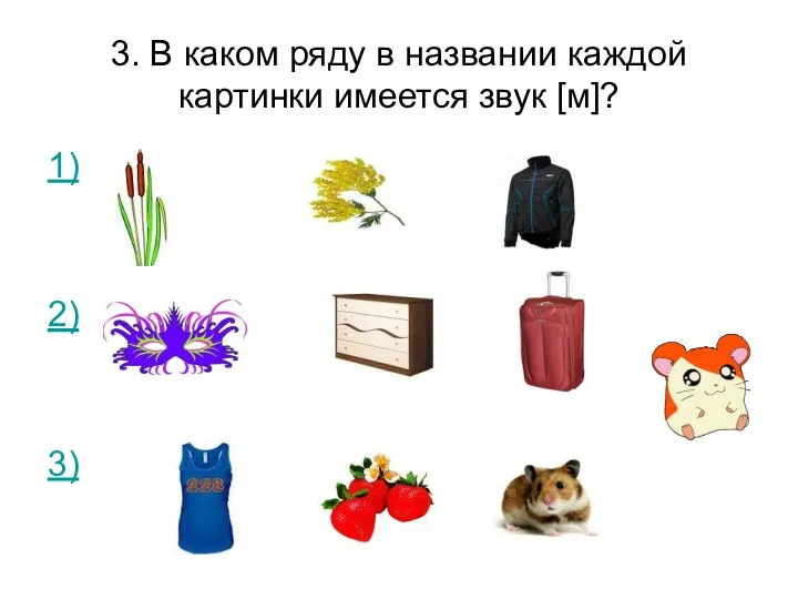 3. В каком ряду в названии каждой картинки имеется звук [м]? 1) 2) 3)