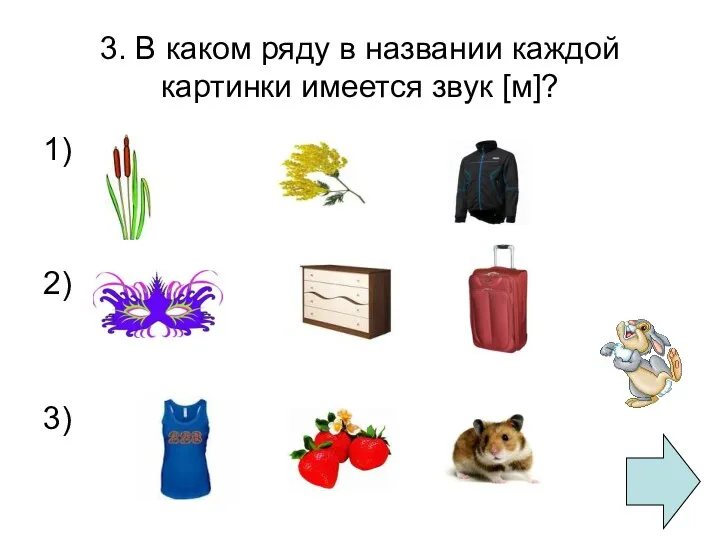 3. В каком ряду в названии каждой картинки имеется звук [м]? 1) 2) 3)