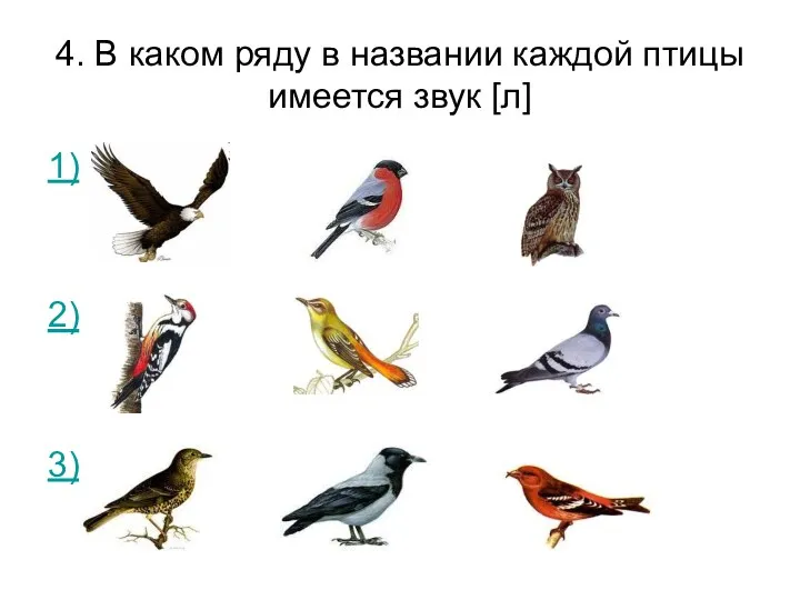 4. В каком ряду в названии каждой птицы имеется звук [л] 1) 2) 3)