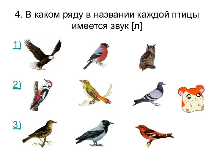 4. В каком ряду в названии каждой птицы имеется звук [л] 1) 2) 3)