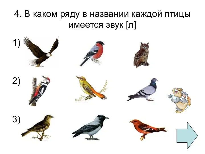 4. В каком ряду в названии каждой птицы имеется звук [л] 1) 2) 3)