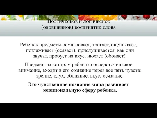 Поэтическое и логическое (обобщенное) восприятие слова Ребенок предметы осматривает, трогает,