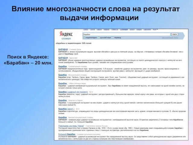 Влияние многозначности слова на результат выдачи информации Поиск в Яндексе: «Барабан» – 20 млн.