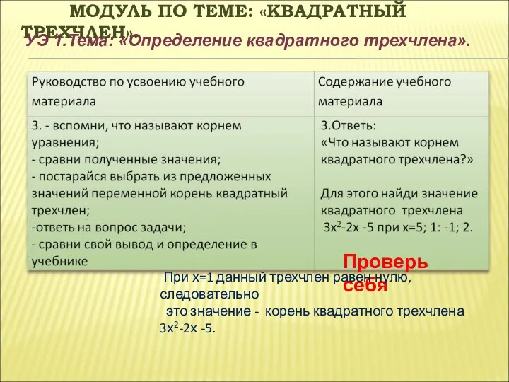 МОДУЛЬ ПО ТЕМЕ: «КВАДРАТНЫЙ ТРЕХЧЛЕН». УЭ 1.Тема: «Определение квадратного трехчлена».