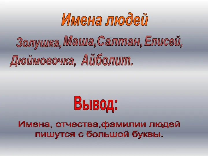 Золушка, Маша, Салтан, Елисей, Дюймовочка, Имена людей Айболит. Вывод: Имена, отчества,фамилии людей пишутся с большой буквы.