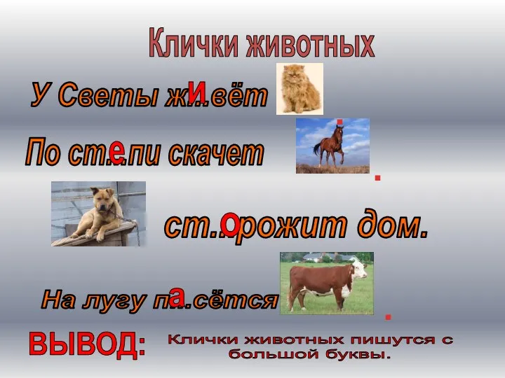 Клички животных У Светы ж...вёт По ст...пи скачет ст...рожит дом.