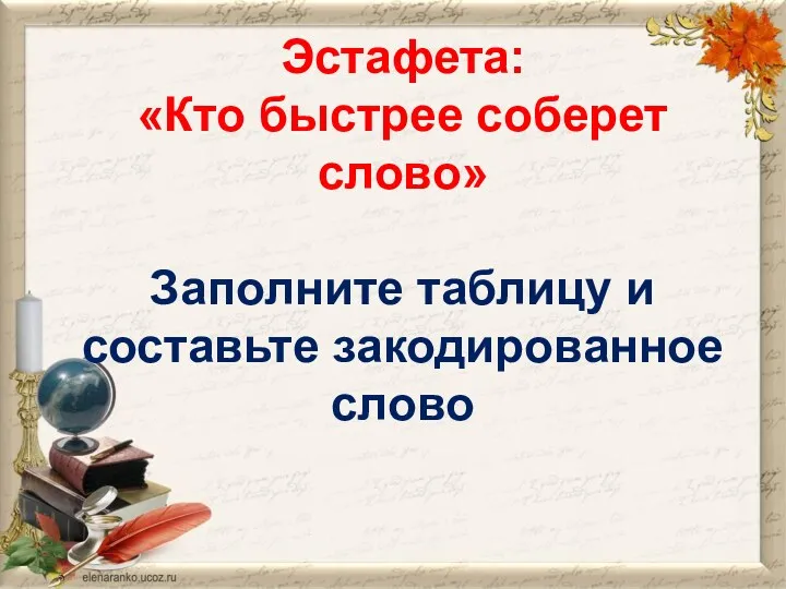 Эстафета: «Кто быстрее соберет слово» Заполните таблицу и составьте закодированное слово