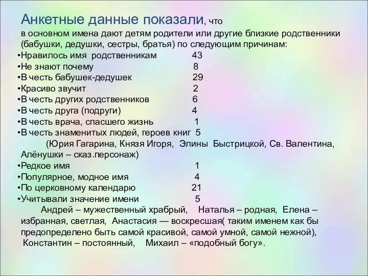 Анкетные данные показали, что в основном имена дают детям родители