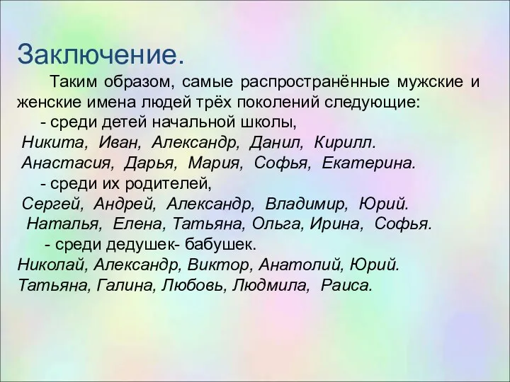 Заключение. Таким образом, самые распространённые мужские и женские имена людей