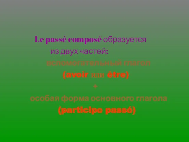 Le passé composé образуется из двух частей: вспомогательный глагол (avoir или être) +