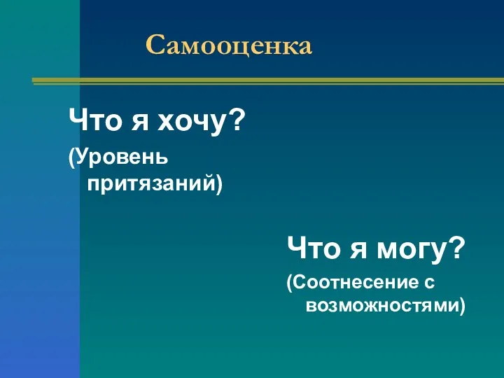 Самооценка Что я хочу? (Уровень притязаний) Что я могу? (Соотнесение с возможностями)