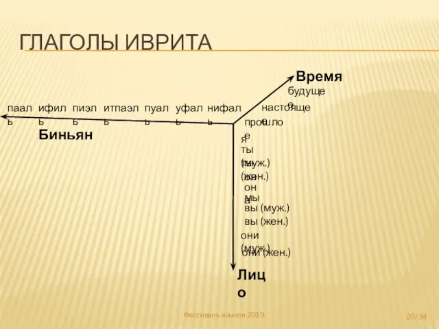 ГЛАГОЛЫ ИВРИТА Фестиваль языков 2019 Время Лицо Биньян прошлое настоящее