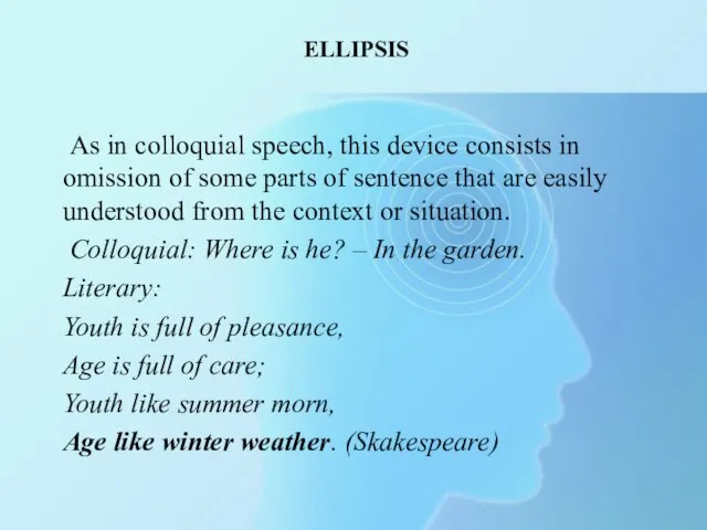 ELLIPSIS As in colloquial speech, this device consists in omission