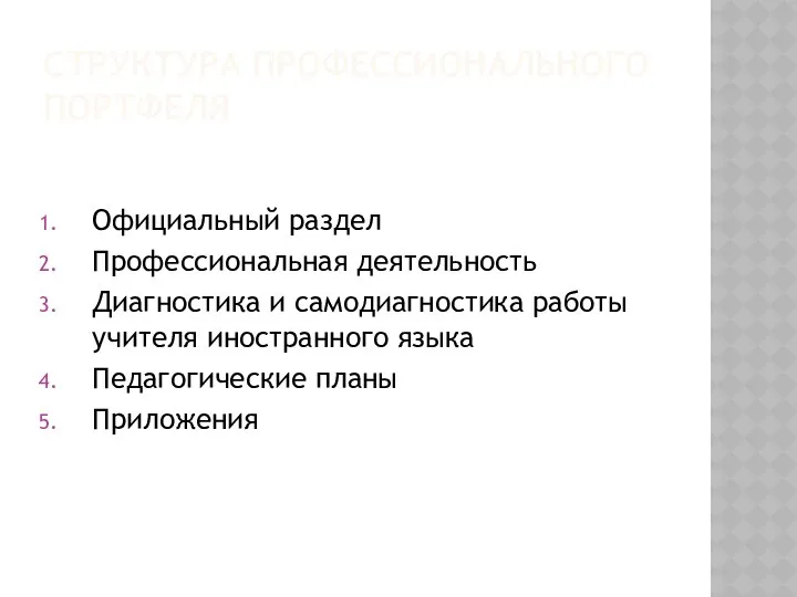 СТРУКТУРА ПРОФЕССИОНАЛЬНОГО ПОРТФЕЛЯ Официальный раздел Профессиональная деятельность Диагностика и самодиагностика