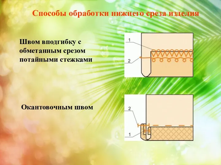 Окантовочным швом Швом вподгибку с обметанным срезом потайными стежками Способы обработки нижнего среза изделия