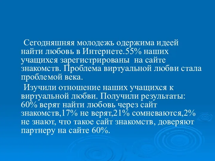 Сегодняшняя молодежь одержима идеей найти любовь в Интернете.55% наших учащихся