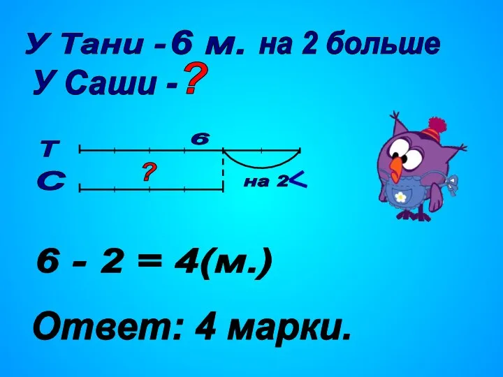 У Саши - 6 - 2 = 4(м.) Ответ: 4