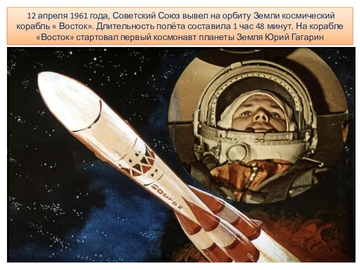 12 апреля 1961 года, Советский Союз вывел на орбиту Земли космический корабль «