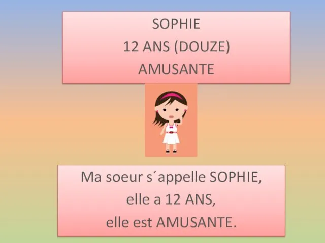 SOPHIE 12 ANS (DOUZE) AMUSANTE Ma soeur s´appelle SOPHIE, elle a 12 ANS, elle est AMUSANTE.