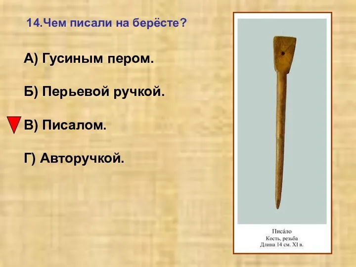 14.Чем писали на берёсте? А) Гусиным пером. Б) Перьевой ручкой. В) Писалом. Г) Авторучкой.