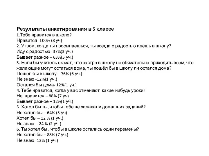 Результаты анкетирования в 5 классе 1.Тебе нравится в школе? Нравится-