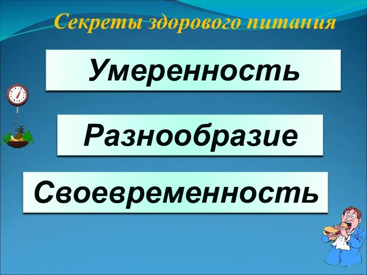 Секреты здорового питания Своевременность Разнообразие Умеренность